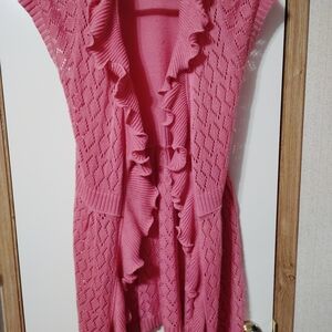 Sioni Pink Ruffled Open-Front Knit Cardigan Vest